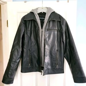 Guess Leather Jacket with Zip-Out Hoodie
